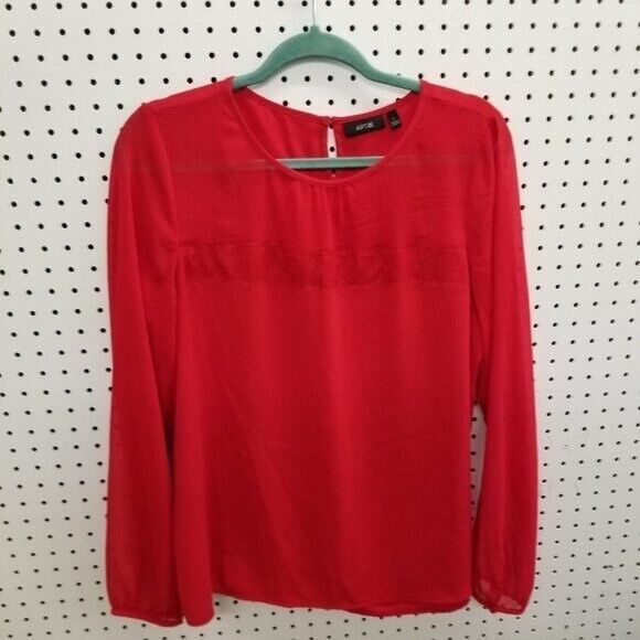 Apt. 9 Womens Sz L Red Solid Long Sleeve Blouse - Picture 7 of 8